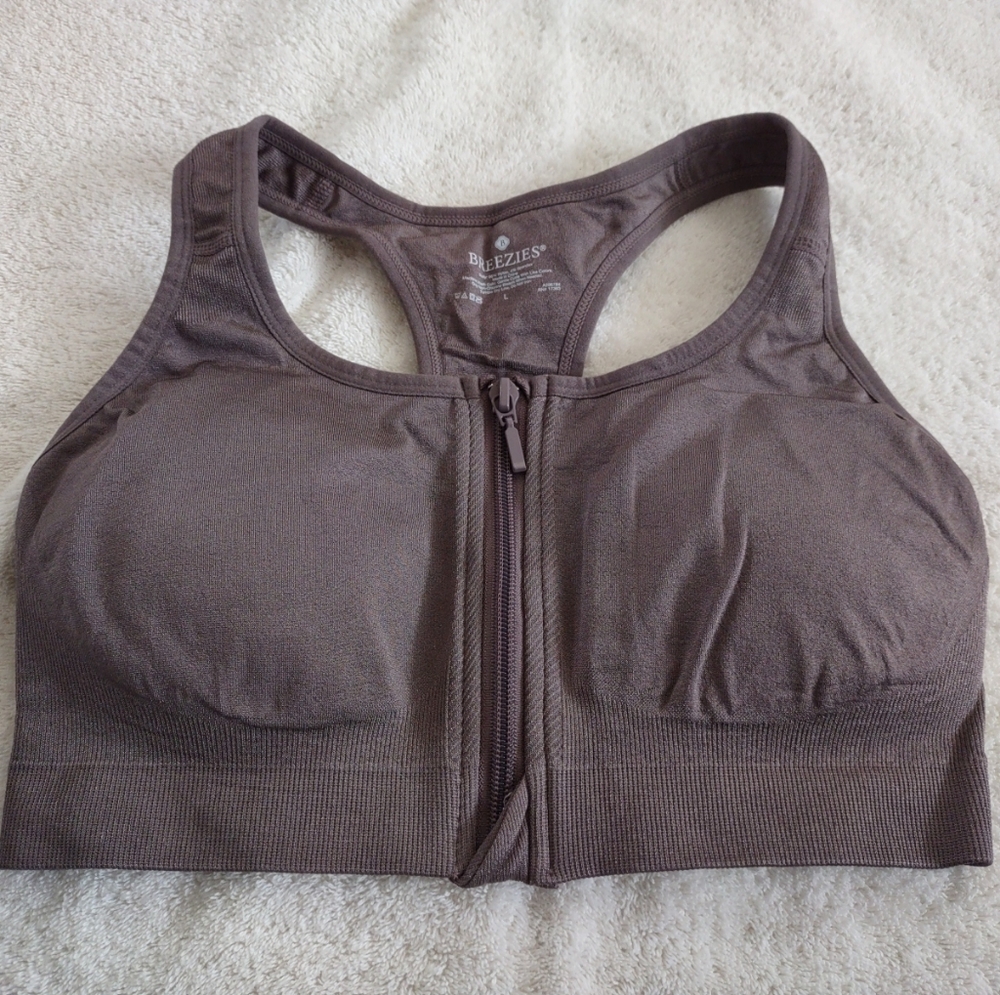 Women's Breezies Brown Front Zip Racerback Bra Large L